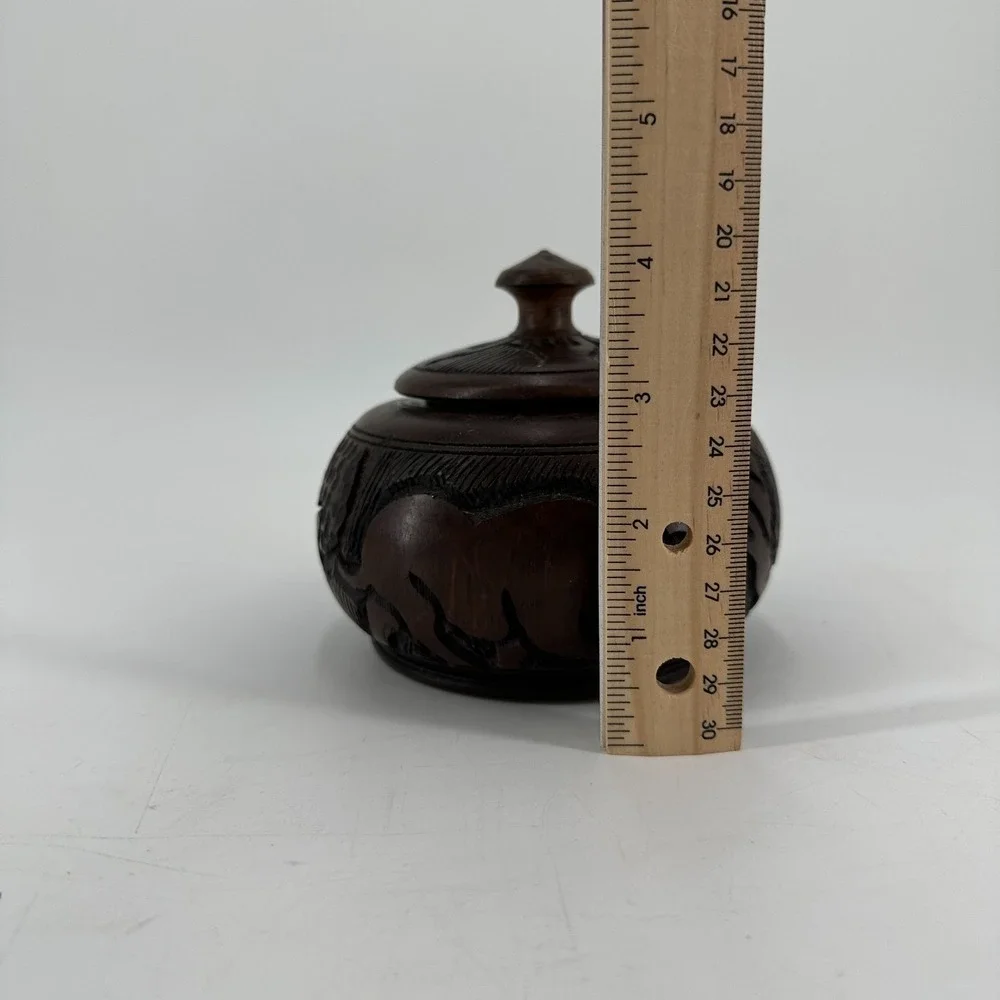 Vintage Hand Carved Wooden Lidded Trinket‎ Box - Rhino Design Folk Art
